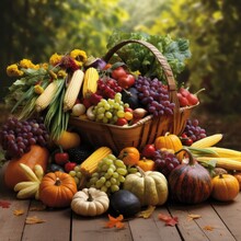 Harvest Cornucopia Overflowing With Fruits And Vegetable