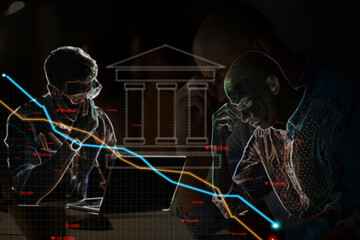 Poster - Business people, stress and financial chart with double exposure, stock market crash and data analysis. Trading crisis, debt stats and inflation by interest rate graph, bank overlay or sad accountant
