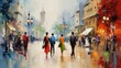impressionist style oil painting. Bustling cityscape with bold brushstrokes and pops of color