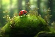 A mossy field with a ladybug perched on it. Generative AI