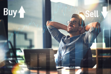 Canvas Print - Happy businessman, laptop and trading in relax at night for break, stock market or finance at office. Man, trader or broker smile working late with hands behind head for buy, sell or investments