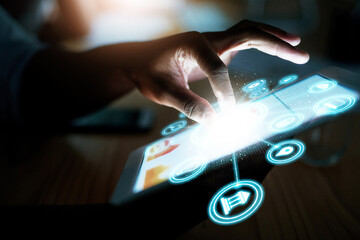 Aufkleber - Person, hand and tablet at night with hologram, UI or 3D HUD and dashboard with icons on desk at office. Closeup of employee working late on technology in digital marketing or networking at workplace