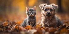 Cat And Dog On A Autumn Nature Background. Cute Little Puppy And Gray Striped Kitten Best Friends Together Sitting In Autumn Park Or Forest