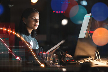 Aufkleber - Woman, night and trading on stock market at night in financial crisis, loss or debt on overlay at office. Female person or trader working late with technology in mistake, bad investment or bankruptcy