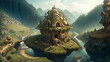 A beautiful mushroom house within a serene valley with a river - AI Generative