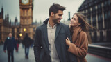 Fototapeta Londyn - Portrait of Happy young couple walks holding hands against the background of london