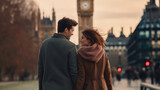 Fototapeta Londyn - Portrait of Happy young couple walks holding hands against the background of london
