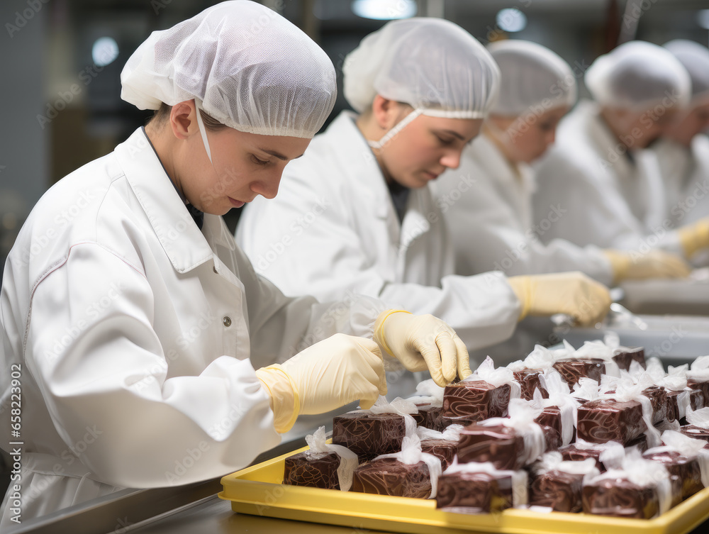 Staff of confectioners un white hats and uniforms decorating cakes on ...