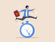 Sense of urgency concept. Quick response attitude to get work done as soon as possible now, reaction to priority task or important, fast businessman running and jump high over countdown timer clock.
