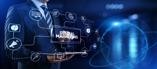 Wall Mural - DIgital marketing online internet SEO SEM SMM. Businessman pressing button on screen.