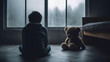© The Stock Photo Girl - kid and a teddy bear sitting on the floor in a gloomy room