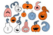 Cute colorful pumpkins with outline, vector Halloween set
