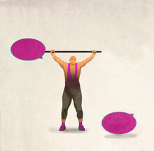 Illustration Of Strongman Lifting Barbell Made Of Speech Bubbles With One End Broken Off