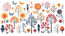 Graphic Elements With Trees, Flowers, Butterflies, Bright Colors