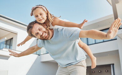 Sticker - Portrait, girl and flying on back of her dad in a backyard of a home for real estate or property ownership. Love, children or family with a father and daughter in celebration of financial freedom