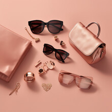 Beautiful layout of women's accessories on a pink background 