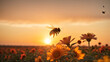 Bee on yellow flowers in the meadow at sunset. Nature background