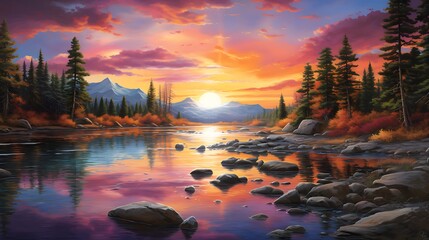 Wall Mural - Sunset over lake in the mountains in Autumn 