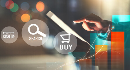 Poster - Hands, tablet screen and icons for online shopping, e commerce overlay and buy, sign up or search engine at night. Person on digital technology with user experience, graphs and charts for algorithm