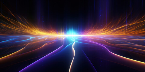 Poster - Abstract background with colorful glowing neon moving high speed line and wave and bokeh lights horizontal to vertical. Data transfer concept, reflect on the floor.