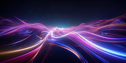 Poster - Abstract background with colorful glowing neon moving high speed line and wave and bokeh lights horizontal to vertical. Data transfer concept, reflect on the floor.