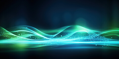 Poster - Glowing neon waves on blue green background