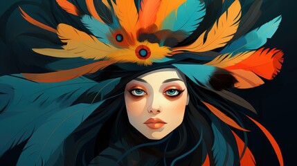 Wall Mural - Portrait of a woman with peacock feather hair in the colorful abstract woods forest background. Digital art painting graphic design.