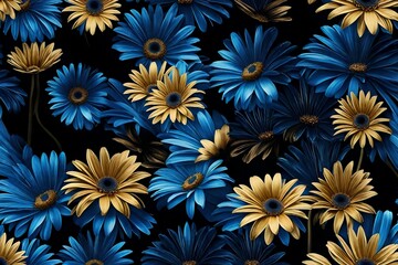 Wall Mural - Beautiful blue and gold color gerbera daisy flowers seamless pattern in a watercolor style - AI Generative