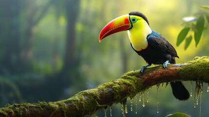 Keel-billed Toucan, Ramphastos sulfuratus, bird with big bill sitting on the branch in the forest. Nature travel in central America.