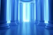 Blue pillar in a space stage floor hall with 3D background. Generative AI