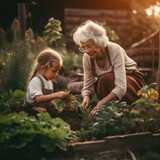 Fototapeta Miasta - Family planting vegetable from backyard garden.Grandmother learning his granddaughter to planting