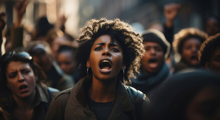 African american protester shouting in crowd. Human rights. Activism concept.