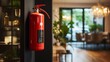 Fire Extinguisher Cabinet On Wall With Blurred Living Room Background. Generative AI
