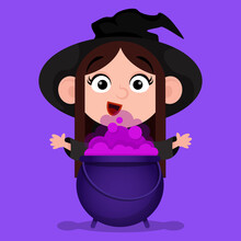 Cute Witch Character With Cauldron And Pink Potion