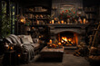 Warm and Cozy Fireplace. A cozy living room scene with a crackling fireplace, adorned with autumn garlands and candles. This image conveys the warmth and comfort of spending Thanksgiving indoors.