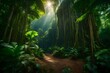 Wide angle, the large trunk of trees, low angle, cinematic, tropical rainforest - AI Generative