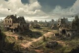 Fototapeta Las - Illustration of a devastated village with ruined buildings and concrete structures amidst war destruction. Generative AI