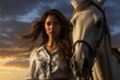 Beautiful Girl posing with her White Horse under a Cloudy Sky. Generative Ai