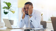 © Charlize Davids/peopleimages.com - Business man, headache and pain on computer for office planning, Human Resources crisis and mistake or payroll error. African worker or employee with fatigue, tired and stress for news or career fail