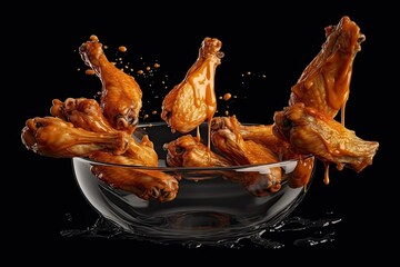 Fried Chicken with Sauce on Solid Black Background