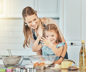 Sticker - Mom, girl child and teaching for cooking, development and skills with bonding, love and care in family home. Baking, mother and daughter with smile, flour and eggs on table, kitchen and help for food