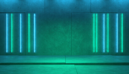 Wall Mural - Dark abstract room with green blue neon line lights on concrete wall. Empty scene concept background. 3d illustration