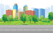 A vector illustration representing a view to a street near to a park in a modern city. Many beautiful trees and buildings.