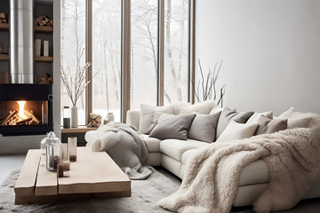 Wall Mural - Cozy and stylish living room with a fireplace, a soft sofa, decorated with a fluffy blanket and soft pillows