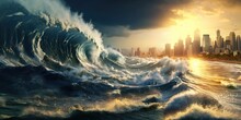 Huge Tsunami Wave Is Approaching A City With Skyscrapers , Concept Of Natural Disaster
