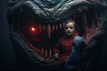 Wall Mural - Dark and spooky scene with a monster scaring a kid