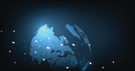 Leinwandbilder - Communication and Social media network concept. Social media network and remote work hologram on dark blue background. Hi-tech digital technology concept.