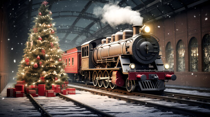 Wall Mural - A Christmas train set is placed under a beautifully decorated Christmas tree, bringing joy and nostalgia to the festive season.