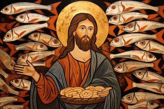 Jesus multiplying loaves and fishes