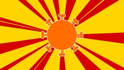 Poster - Coronavirus symbol on the background of animation from moving rays of the sun. Large orange symbol increases slightly. Seamless looped 4k animation on yellow background